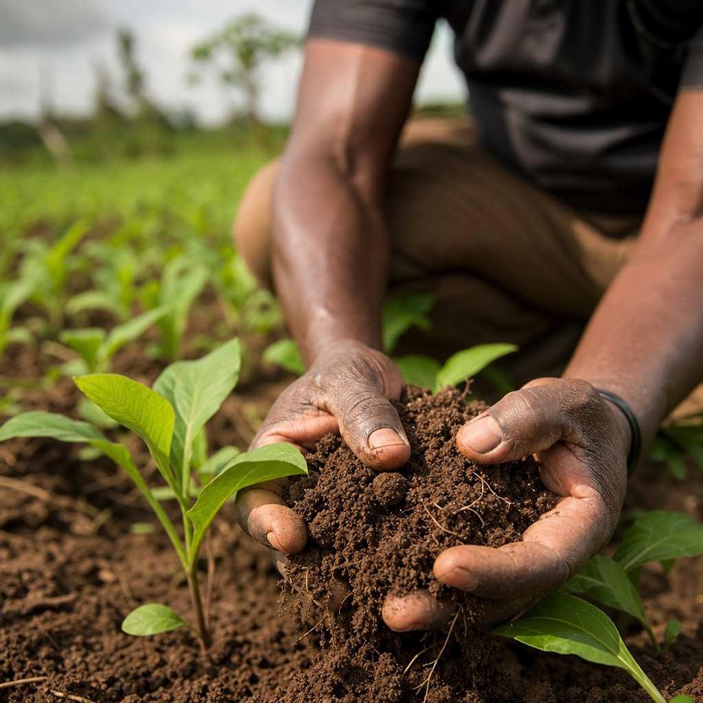 Farmer examining healthy crops in field