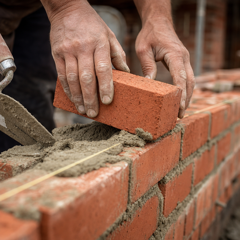 Bricklayer placing clay brick with mortar
