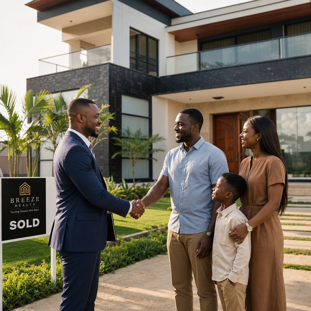 Realtor with family in front of modern home