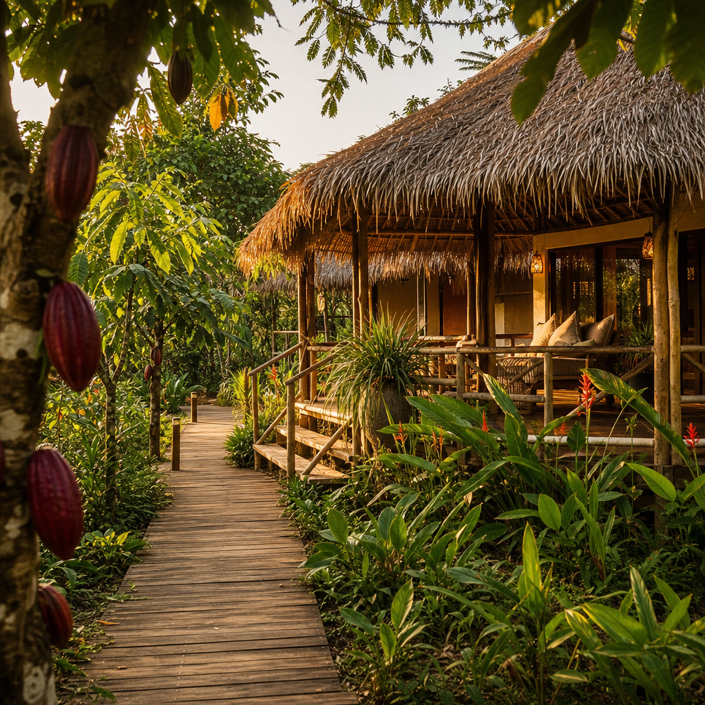 Thatched eco-lodge in cocoa farm resort