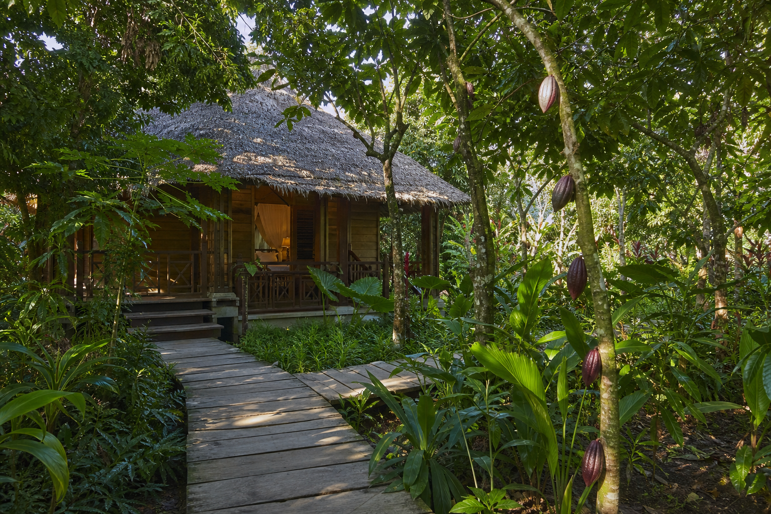 Thatched-roof eco-lodge in cocoa farm